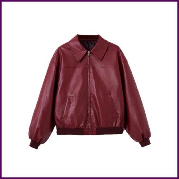 Faux Leather Motorcycle Jacket Lantern Sleeves Zipper Front Pockets - Picture 2 of 8